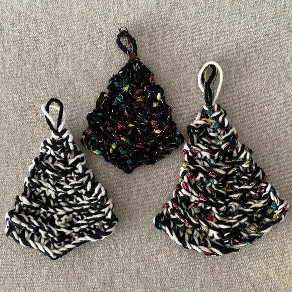Handmade Crochet Black White Holiday Christmas Tree Hanging Decorations Set of 3 - Picture 1 of 5